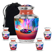 Twilight Purple Car Cremation Urn lifestyle display on memorial shelf - stylized abstract car pattern with bold lines - memorial set with one large and four small urns