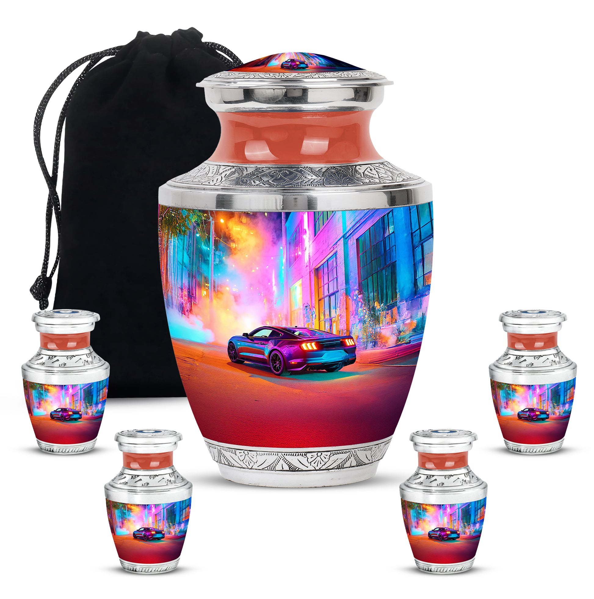 Twilight Purple Car Cremation Urn lifestyle display on memorial shelf - stylized abstract car pattern with bold lines - memorial set with one large and four small urns