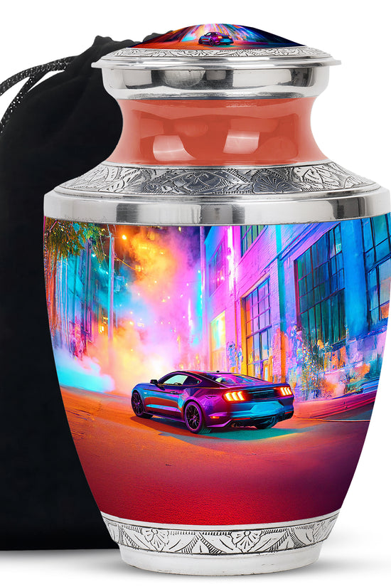 Majestic Purple Car Cremation Urn side profile showing urn shape - modern art-inspired car motif on sleek aluminum - full-size 10 inch 200 cubic inch adult cremation urn