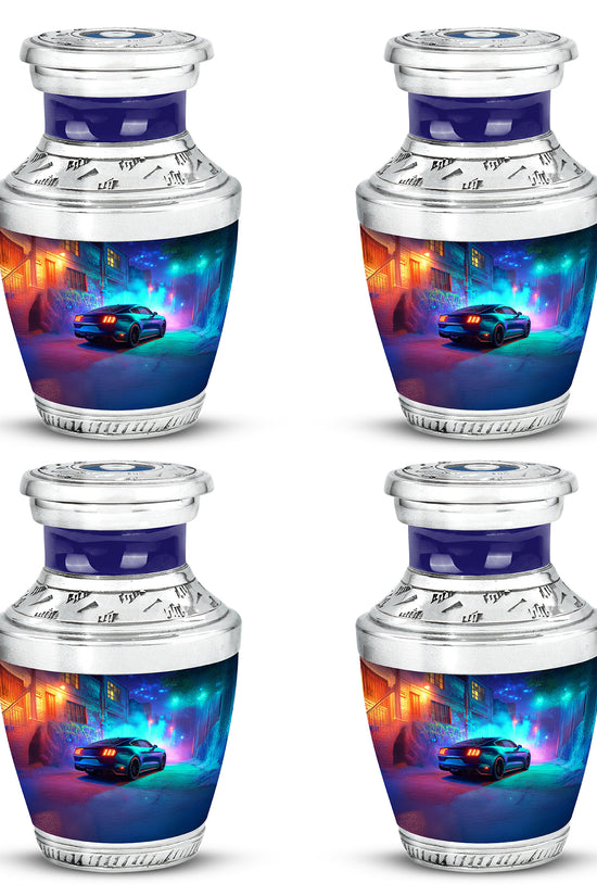 Bright Blue Car Cremation Urn back view with polished surface - stylized abstract car pattern with bold lines - 10 inch aluminum urn for cremated remains