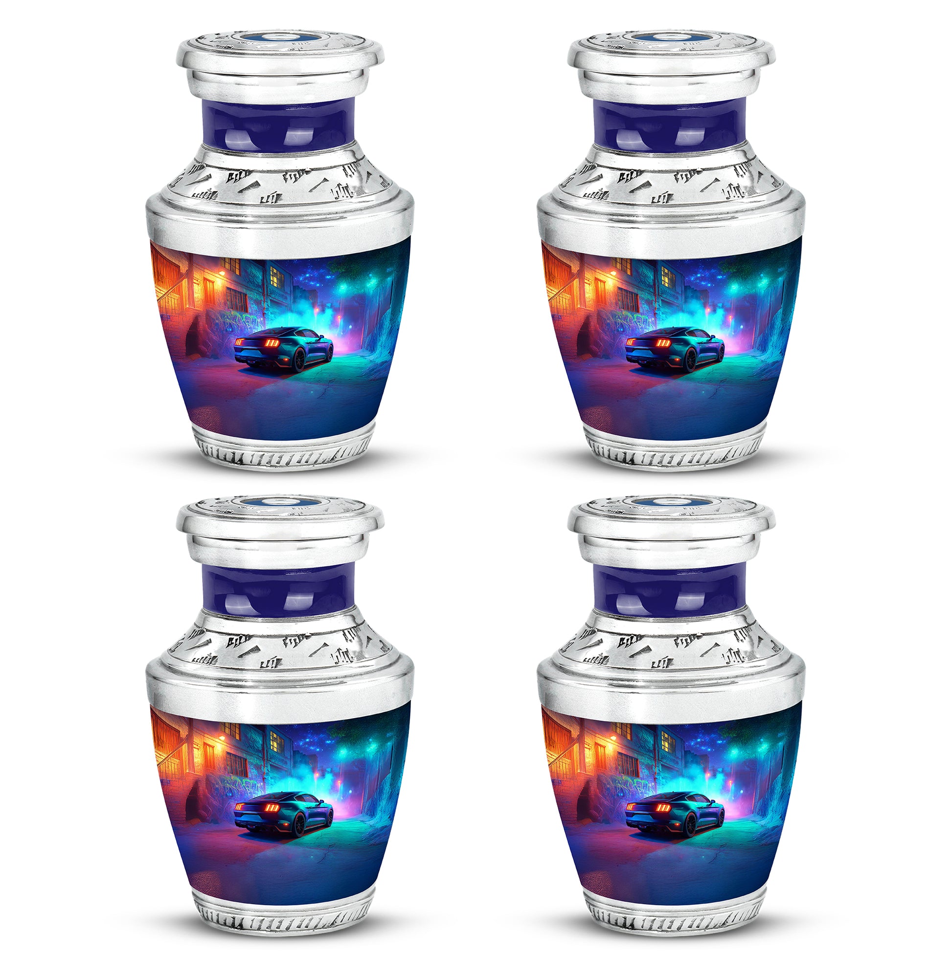 Bright Blue Car Cremation Urn back view with polished surface - stylized abstract car pattern with bold lines - 10 inch aluminum urn for cremated remains