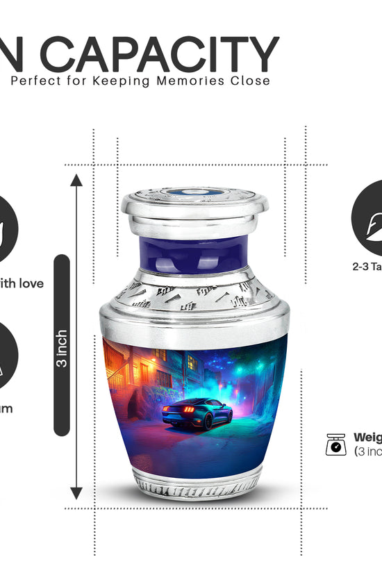 Royal Blue Car Cremation Urn top-down view of secure threaded lid - artistic car interpretation with creative detail - mini keepsake memorial for portion of cremation ashes
