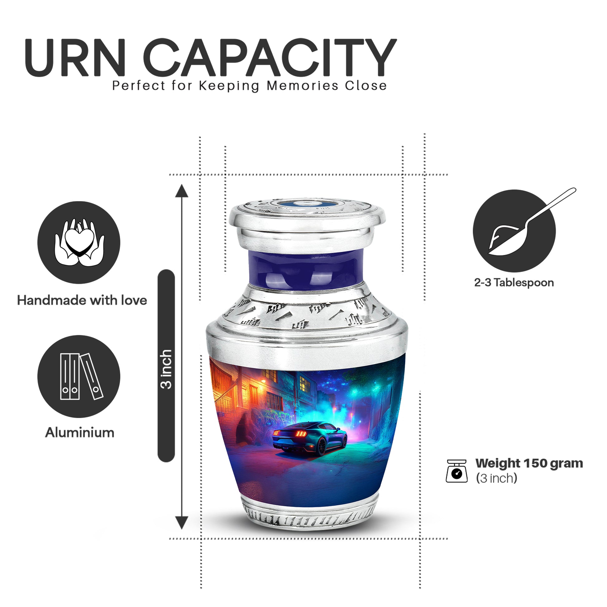 Royal Blue Car Cremation Urn top-down view of secure threaded lid - artistic car interpretation with creative detail - mini keepsake memorial for portion of cremation ashes