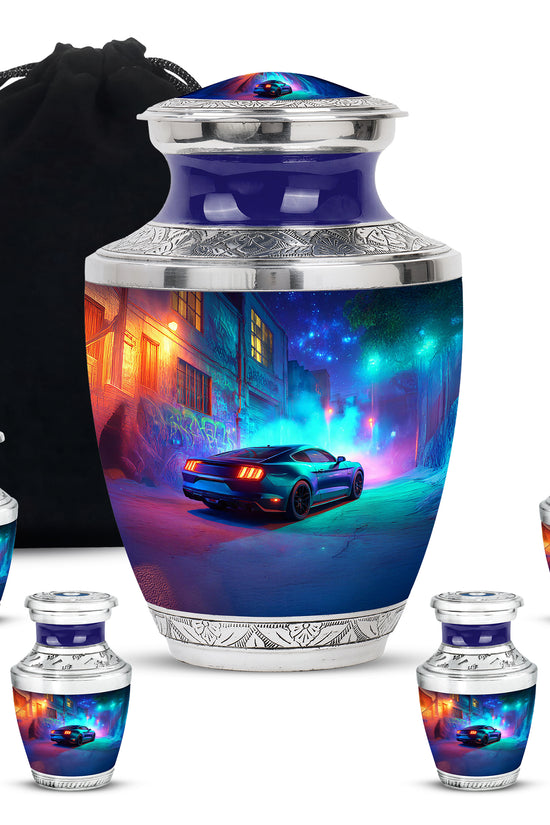Bright Blue Car Cremation Urn lifestyle display on memorial shelf - artistic car interpretation with creative detail - memorial set with one large and four small urns