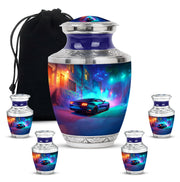 Bright Blue Car Cremation Urn lifestyle display on memorial shelf - artistic car interpretation with creative detail - memorial set with one large and four small urns