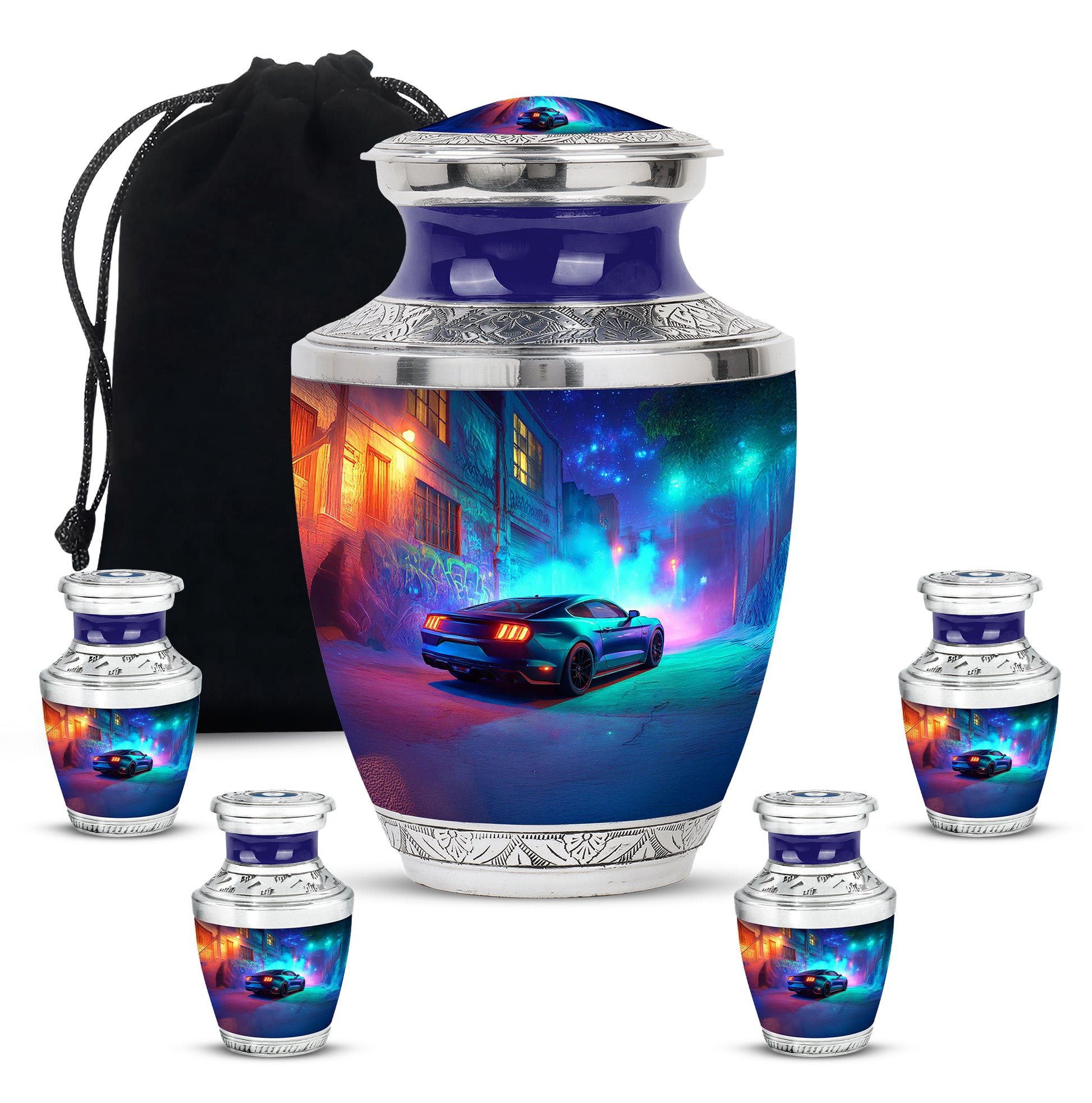 Bright Blue Car Cremation Urn lifestyle display on memorial shelf - artistic car interpretation with creative detail - memorial set with one large and four small urns