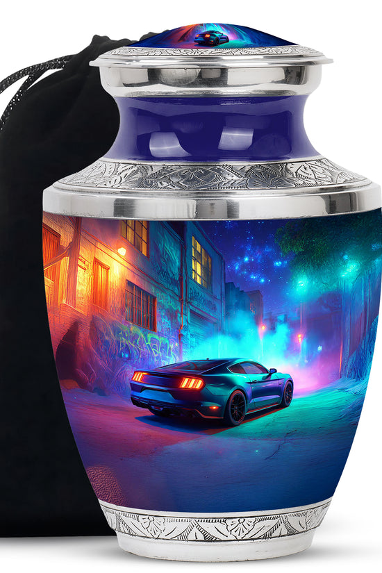 Steel Blue Car Cremation Urn side profile showing urn shape - stylized abstract car pattern with bold lines - full-size 10 inch 200 cubic inch adult cremation urn