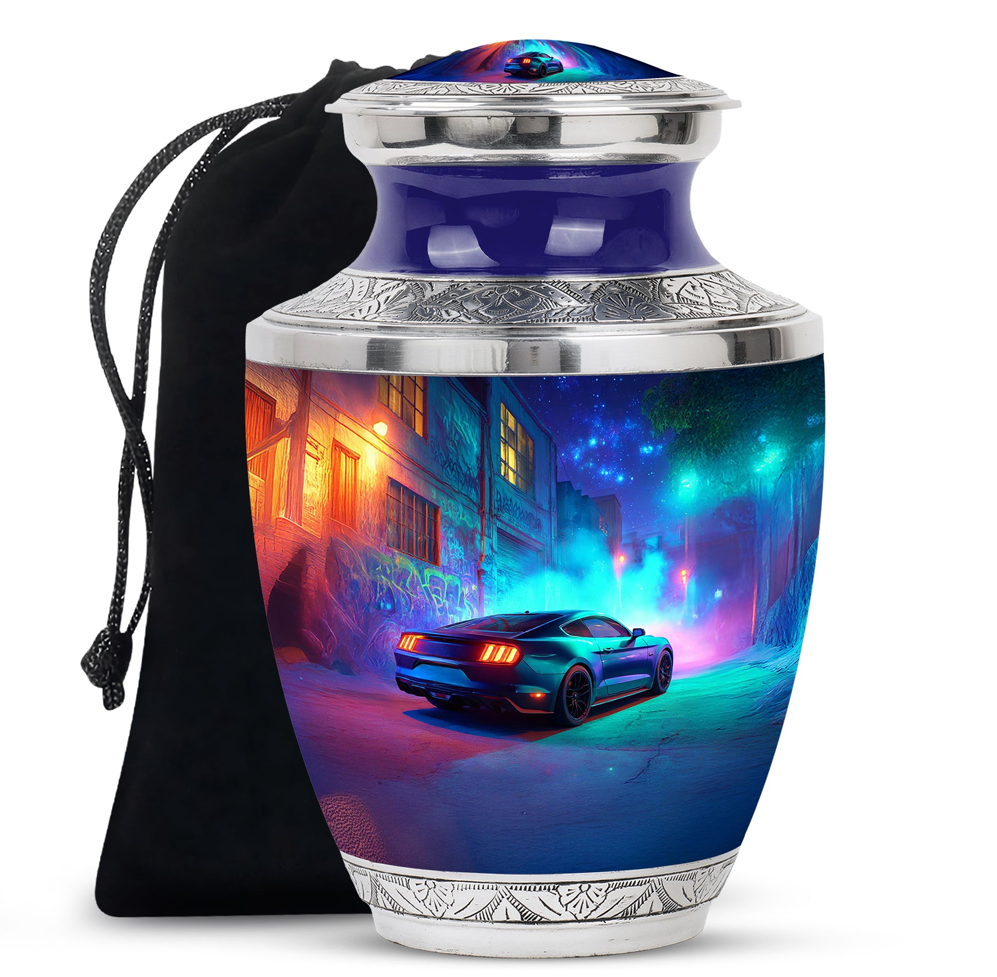 Steel Blue Car Cremation Urn side profile showing urn shape - stylized abstract car pattern with bold lines - full-size 10 inch 200 cubic inch adult cremation urn