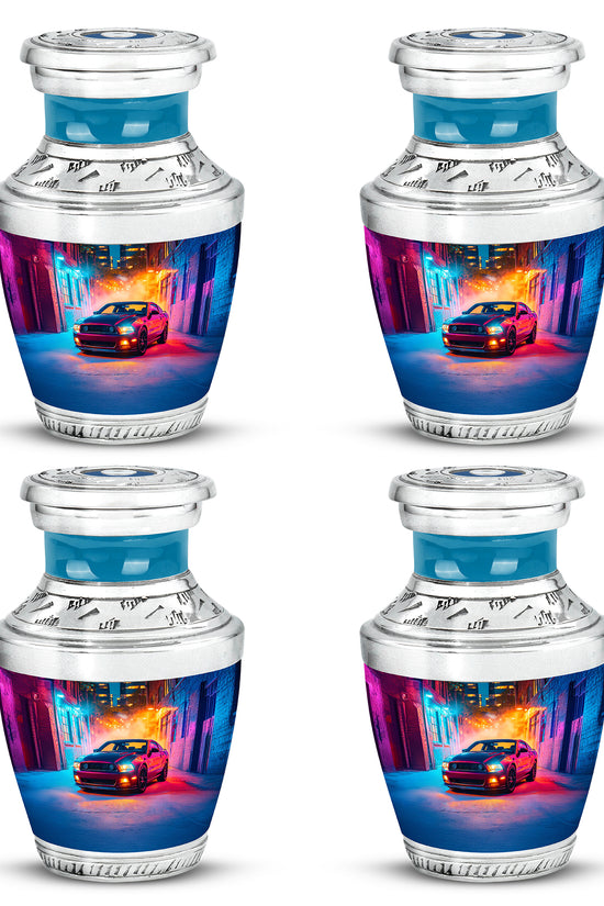 Majestic Purple Car Cremation Urn back view with polished surface - modern art-inspired car motif on sleek aluminum - 10 inch aluminum urn for cremated remains