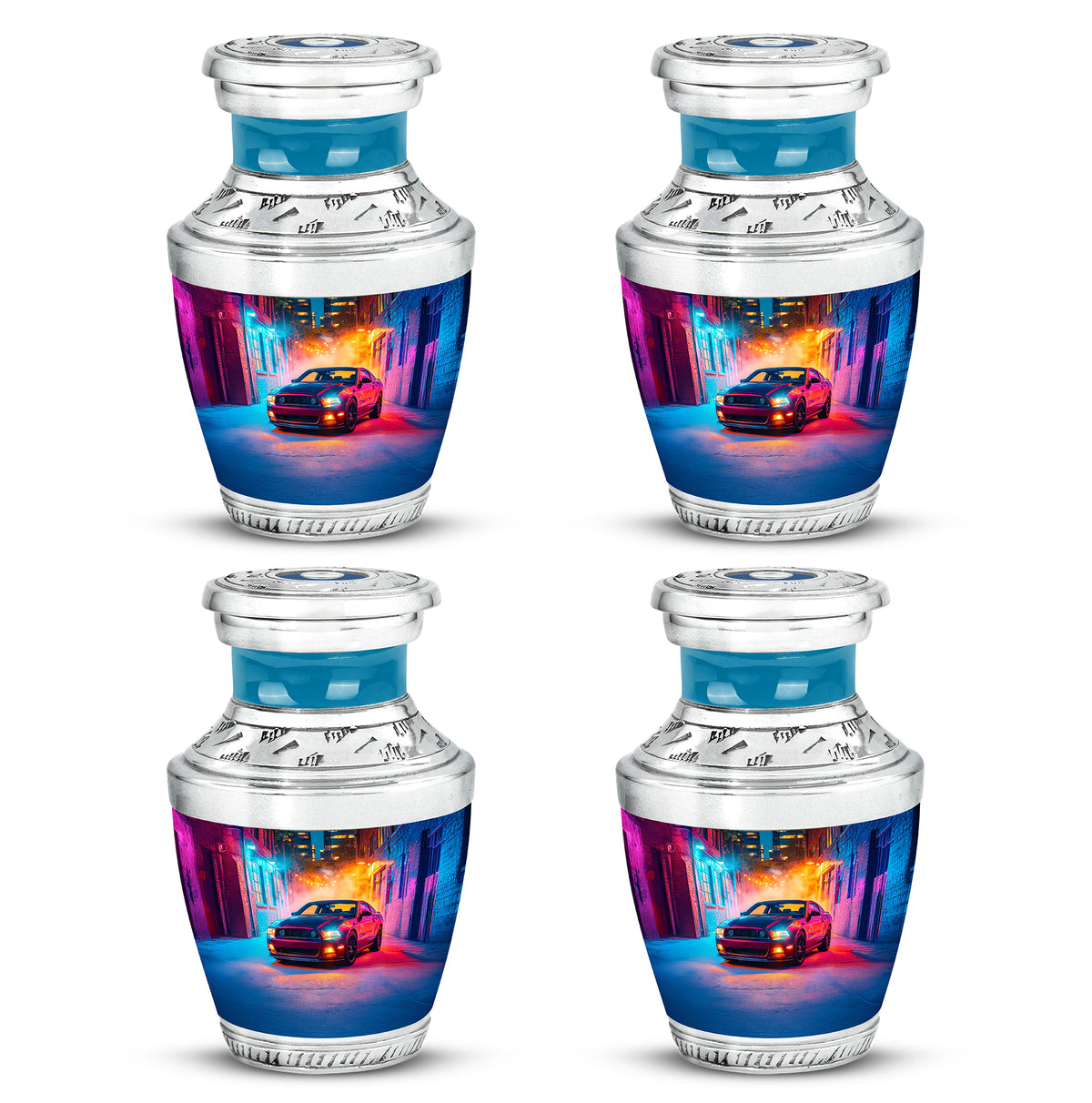 Majestic Purple Car Cremation Urn back view with polished surface - modern art-inspired car motif on sleek aluminum - 10 inch aluminum urn for cremated remains