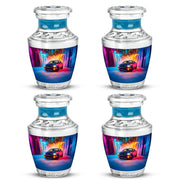 Majestic Purple Car Cremation Urn back view with polished surface - modern art-inspired car motif on sleek aluminum - 10 inch aluminum urn for cremated remains