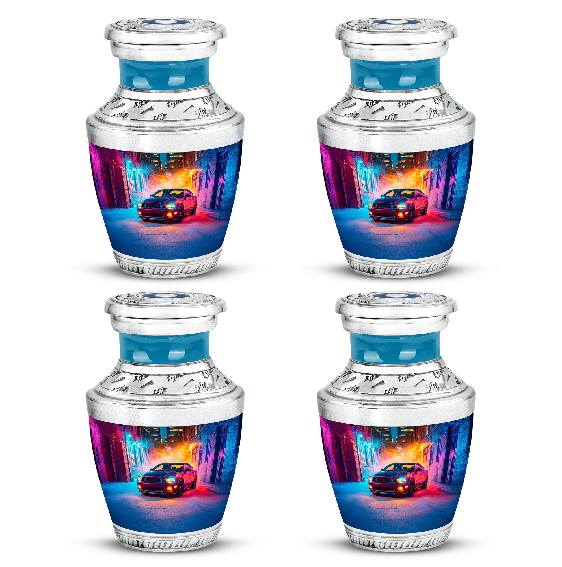 Majestic Purple Car Cremation Urn back view with polished surface - modern art-inspired car motif on sleek aluminum - 10 inch aluminum urn for cremated remains