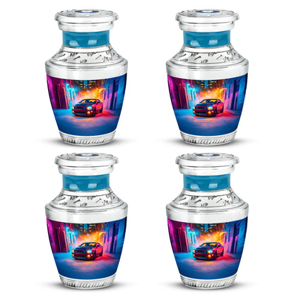 Majestic Purple Car Cremation Urn back view with polished surface - modern art-inspired car motif on sleek aluminum - 10 inch aluminum urn for cremated remains