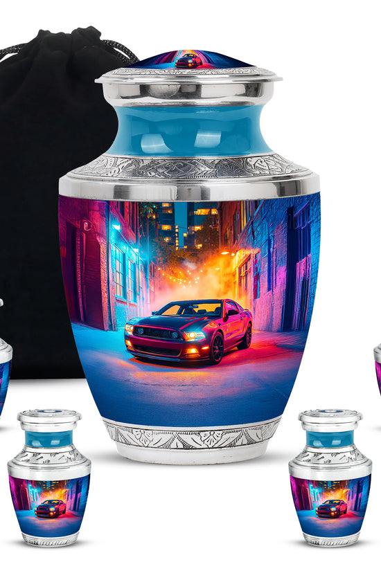 Majestic Purple Car Cremation Urn lifestyle display on memorial shelf - contemporary car design with modern artistic flair - memorial set with one large and four small urns