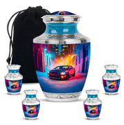 Majestic Purple Car Cremation Urn lifestyle display on memorial shelf - contemporary car design with modern artistic flair - memorial set with one large and four small urns