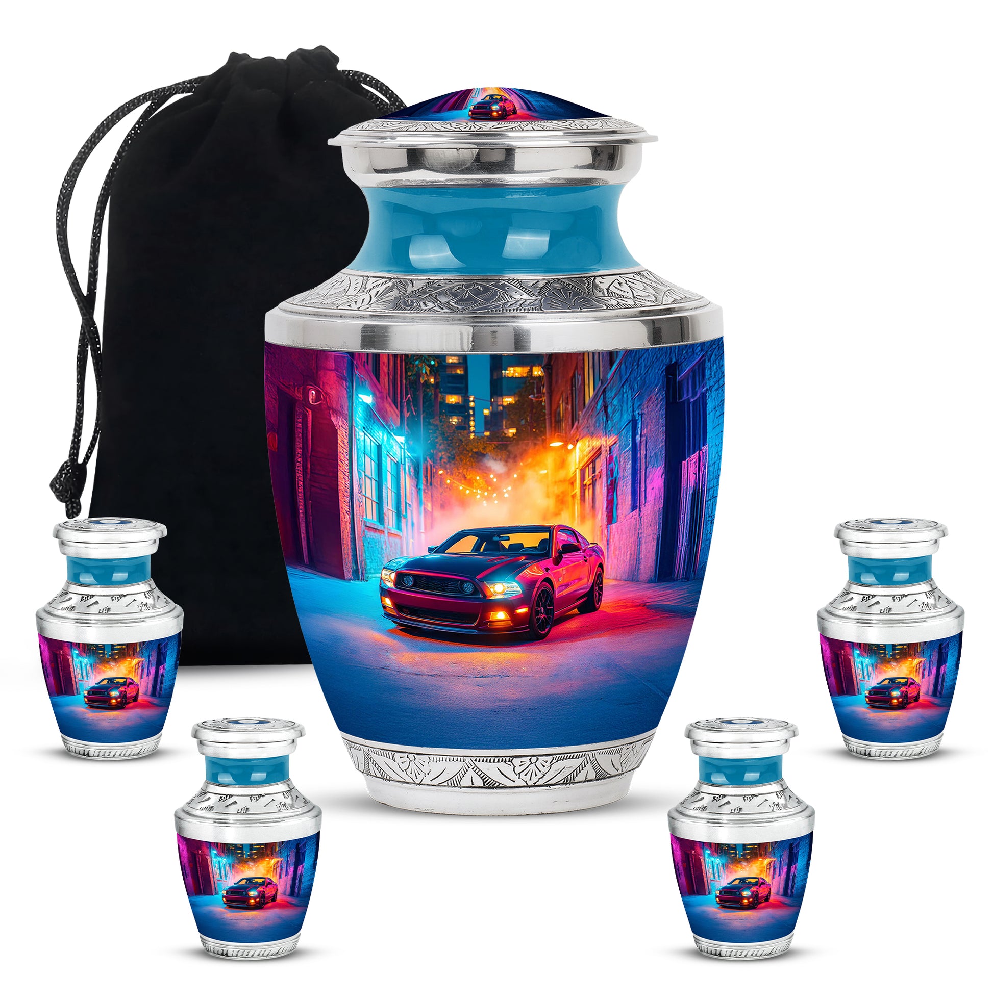 Majestic Purple Car Cremation Urn lifestyle display on memorial shelf - contemporary car design with modern artistic flair - memorial set with one large and four small urns