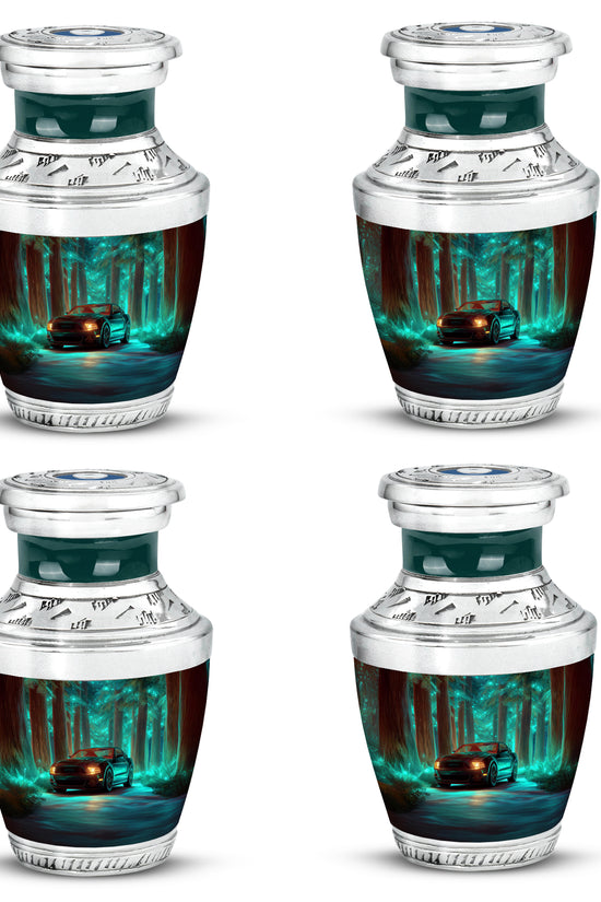 Deep Teal Car Cremation Urn back view with polished surface - artistic car interpretation with creative detail - 10 inch aluminum urn for cremated remains