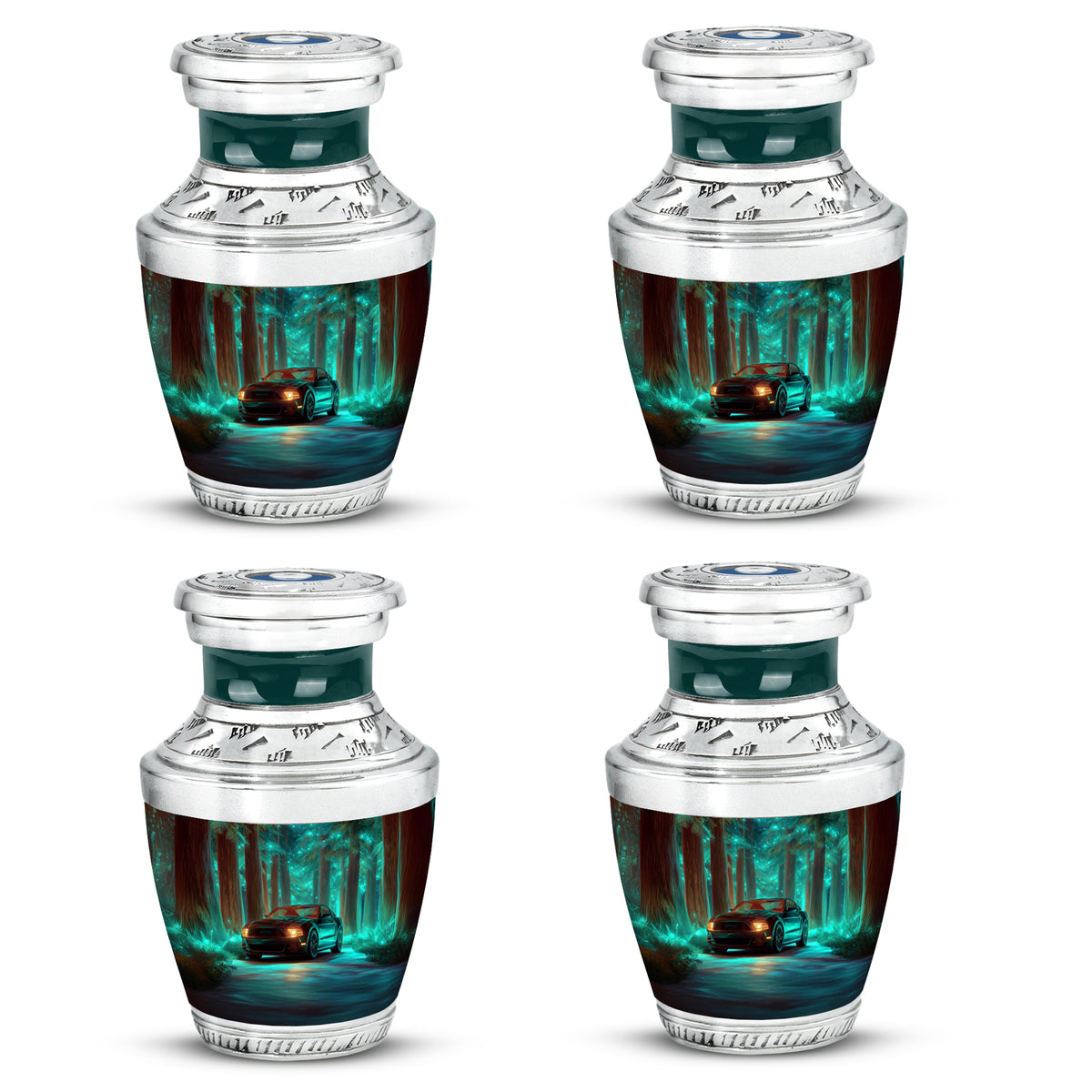 Deep Teal Car Cremation Urn back view with polished surface - artistic car interpretation with creative detail - 10 inch aluminum urn for cremated remains