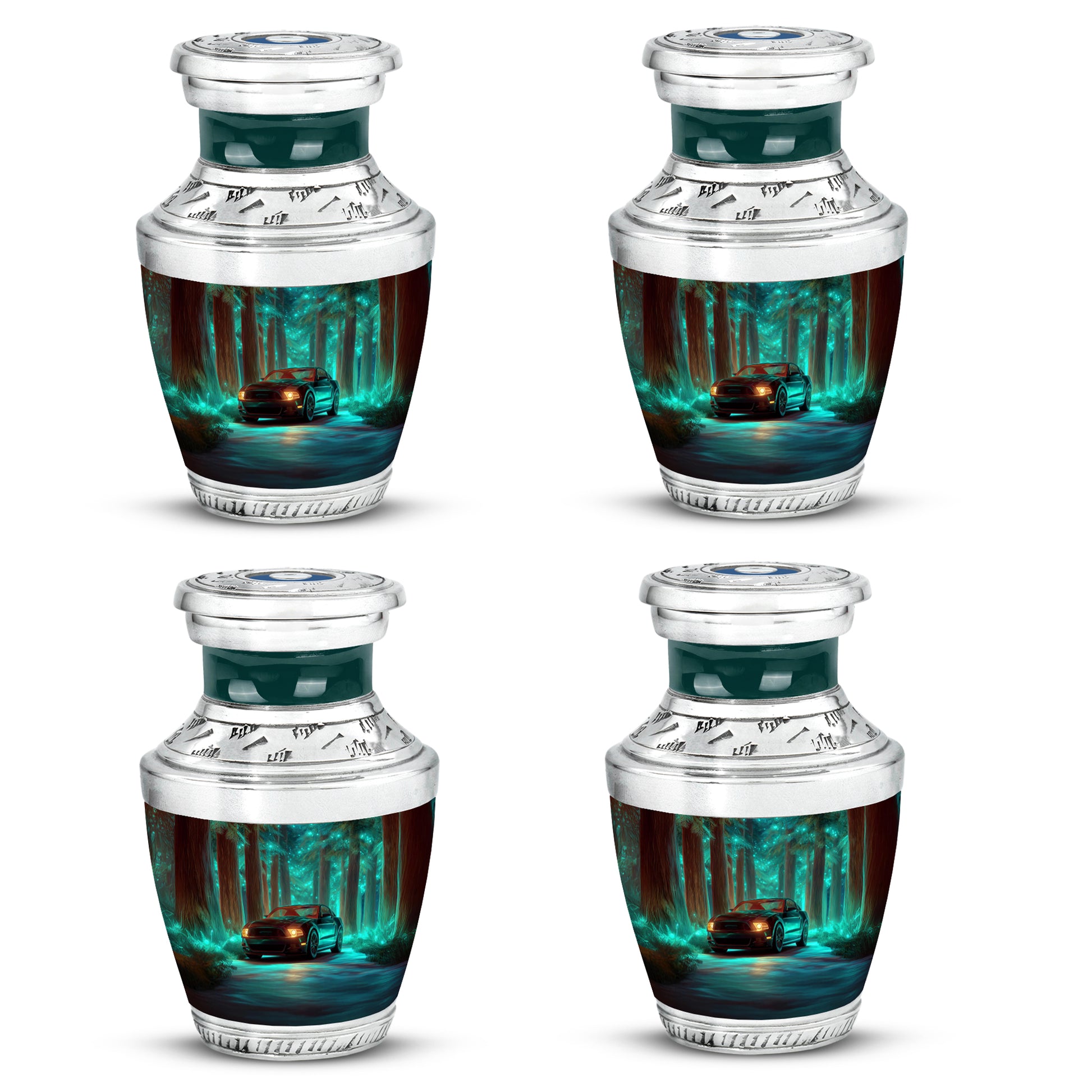 Deep Teal Car Cremation Urn back view with polished surface - artistic car interpretation with creative detail - 10 inch aluminum urn for cremated remains