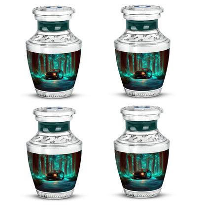 Deep Teal Car Cremation Urn back view with polished surface - artistic car interpretation with creative detail - 10 inch aluminum urn for cremated remains