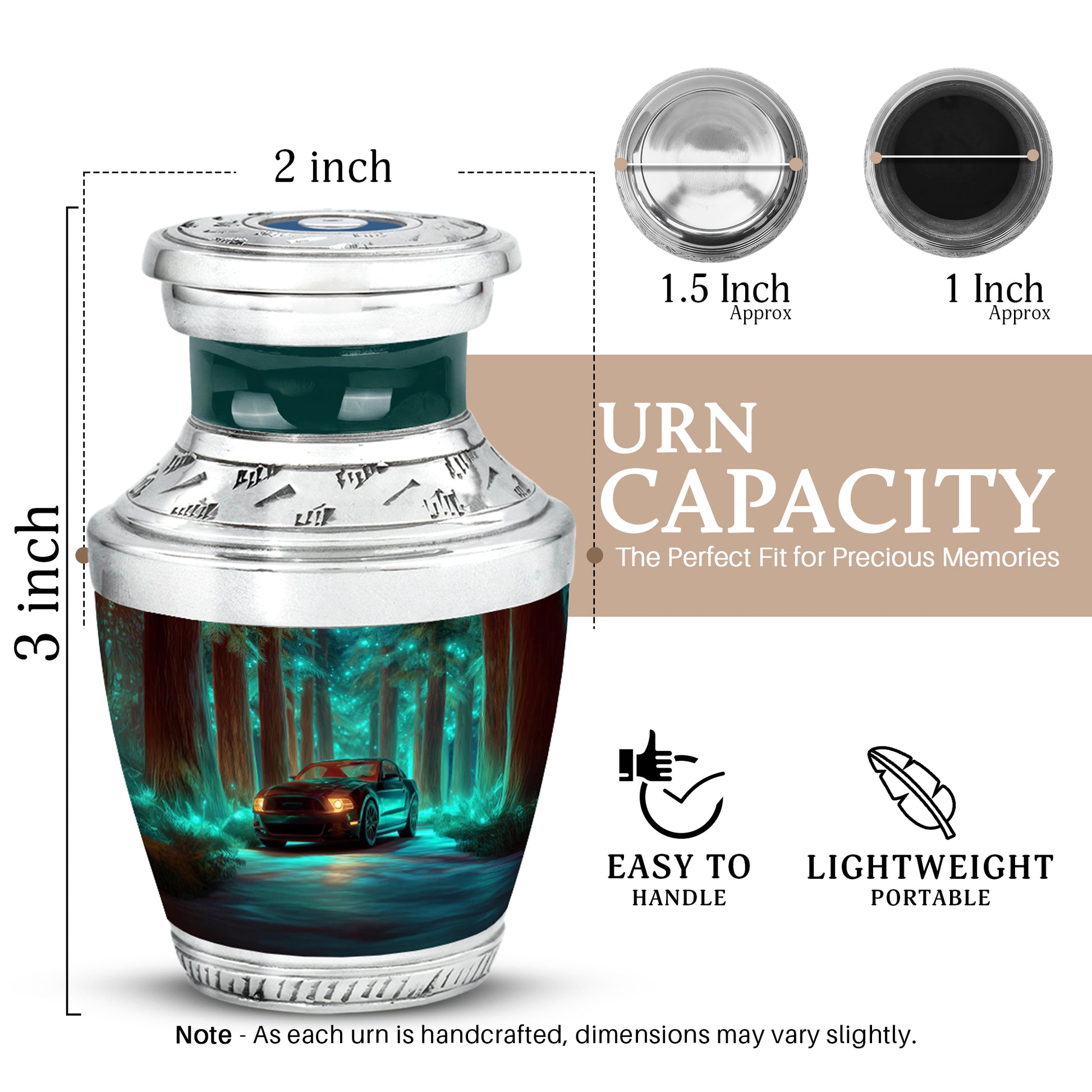 Jewel Teal Car Cremation Urn top-down view of secure threaded lid - contemporary car design with modern artistic flair - mini keepsake memorial for portion of cremation ashes