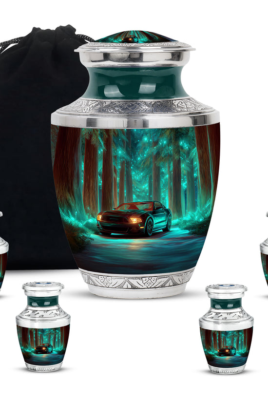 Ocean Teal Car Cremation Urn lifestyle display on memorial shelf - modern art-inspired car motif on sleek aluminum - memorial set with one large and four small urns