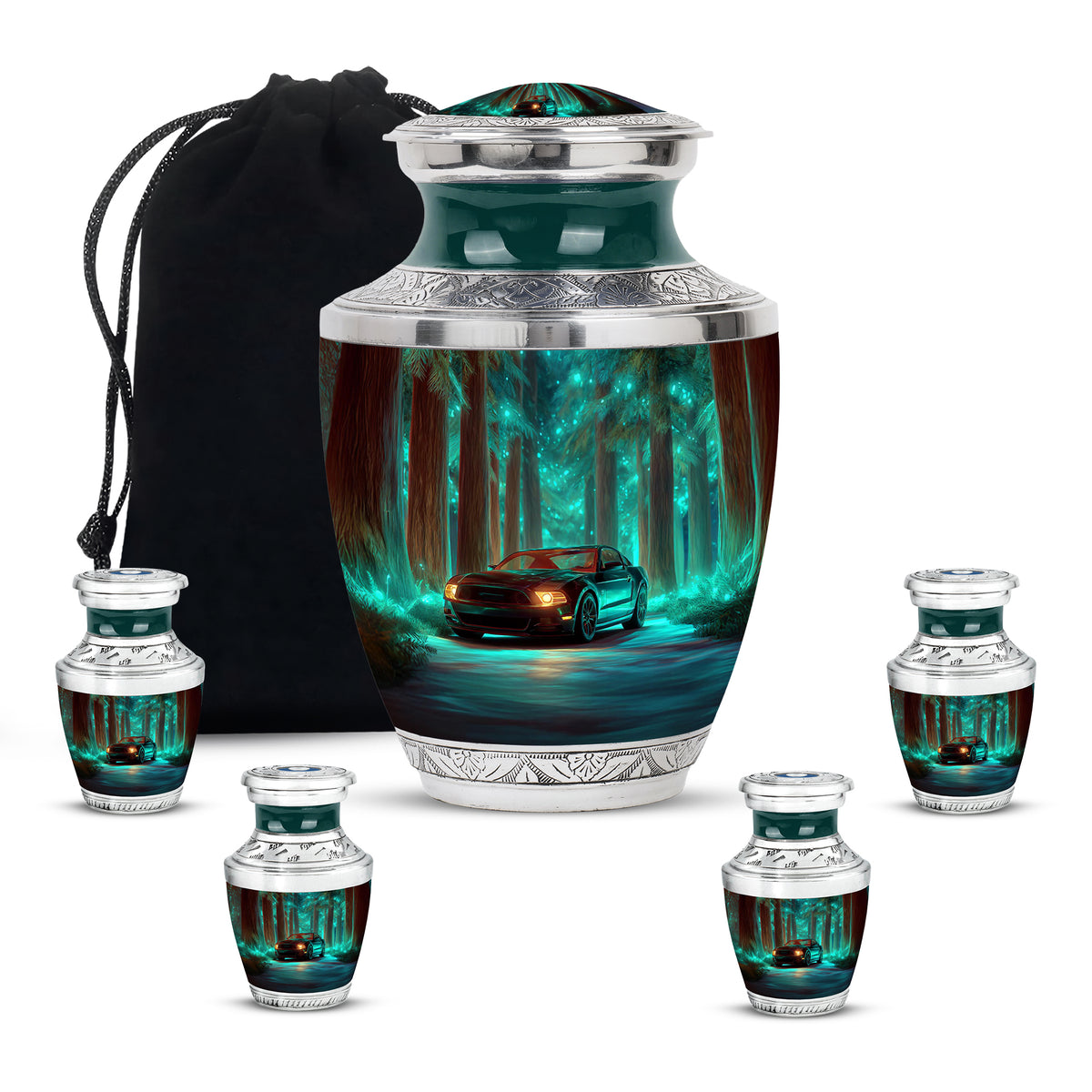 Ocean Teal Car Cremation Urn lifestyle display on memorial shelf - modern art-inspired car motif on sleek aluminum - memorial set with one large and four small urns