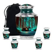 Ocean Teal Car Cremation Urn lifestyle display on memorial shelf - modern art-inspired car motif on sleek aluminum - memorial set with one large and four small urns