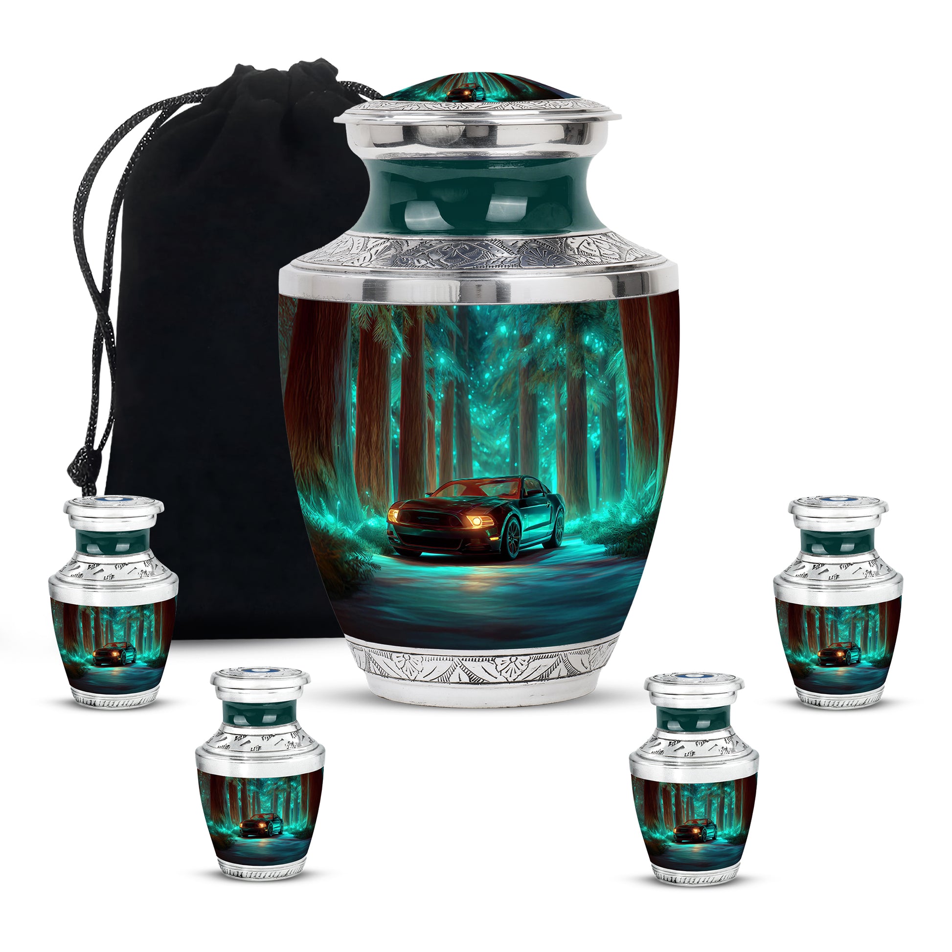 Ocean Teal Car Cremation Urn lifestyle display on memorial shelf - modern art-inspired car motif on sleek aluminum - memorial set with one large and four small urns