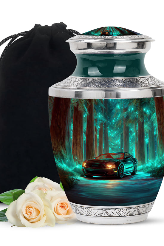 Sea Green Teal Car Cremation Urn side profile showing urn shape - contemporary car design with modern artistic flair - full-size 10 inch 200 cubic inch adult cremation urn