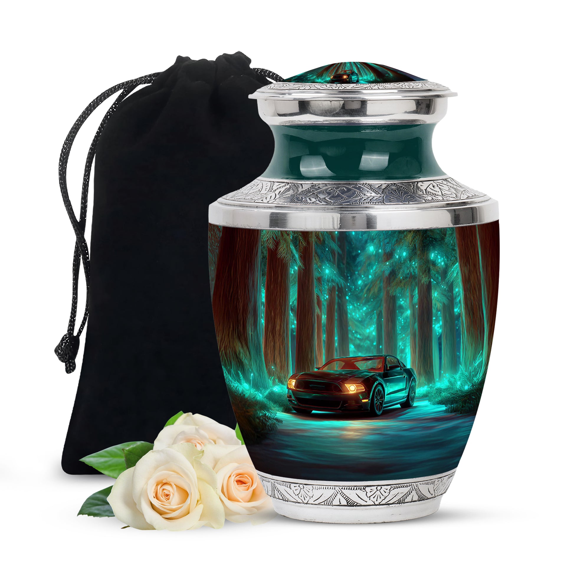 Sea Green Teal Car Cremation Urn side profile showing urn shape - contemporary car design with modern artistic flair - full-size 10 inch 200 cubic inch adult cremation urn