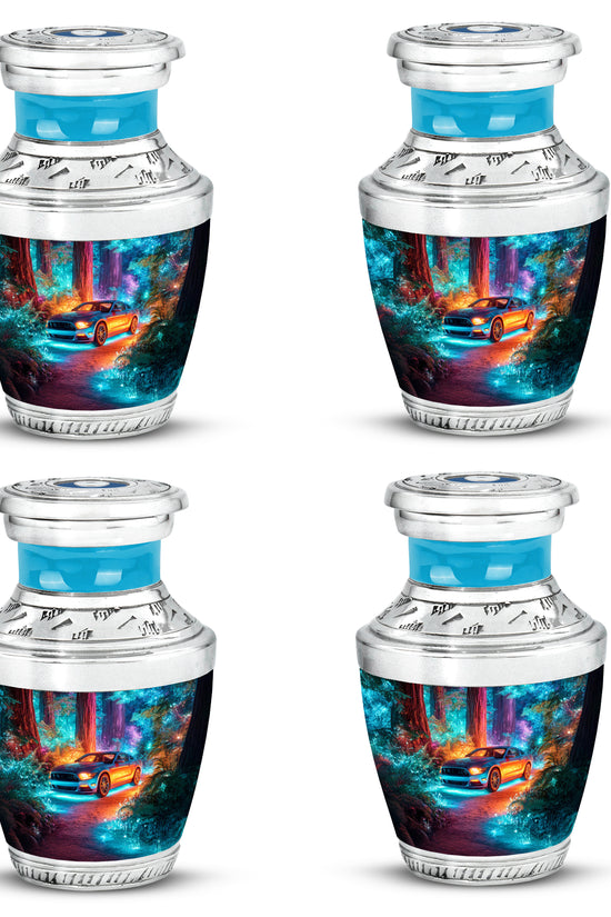 Soft Blue Car Cremation Urn back view with polished surface - artistic car interpretation with creative detail - 10 inch aluminum urn for cremated remains