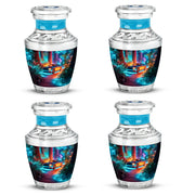 Soft Blue Car Cremation Urn back view with polished surface - artistic car interpretation with creative detail - 10 inch aluminum urn for cremated remains