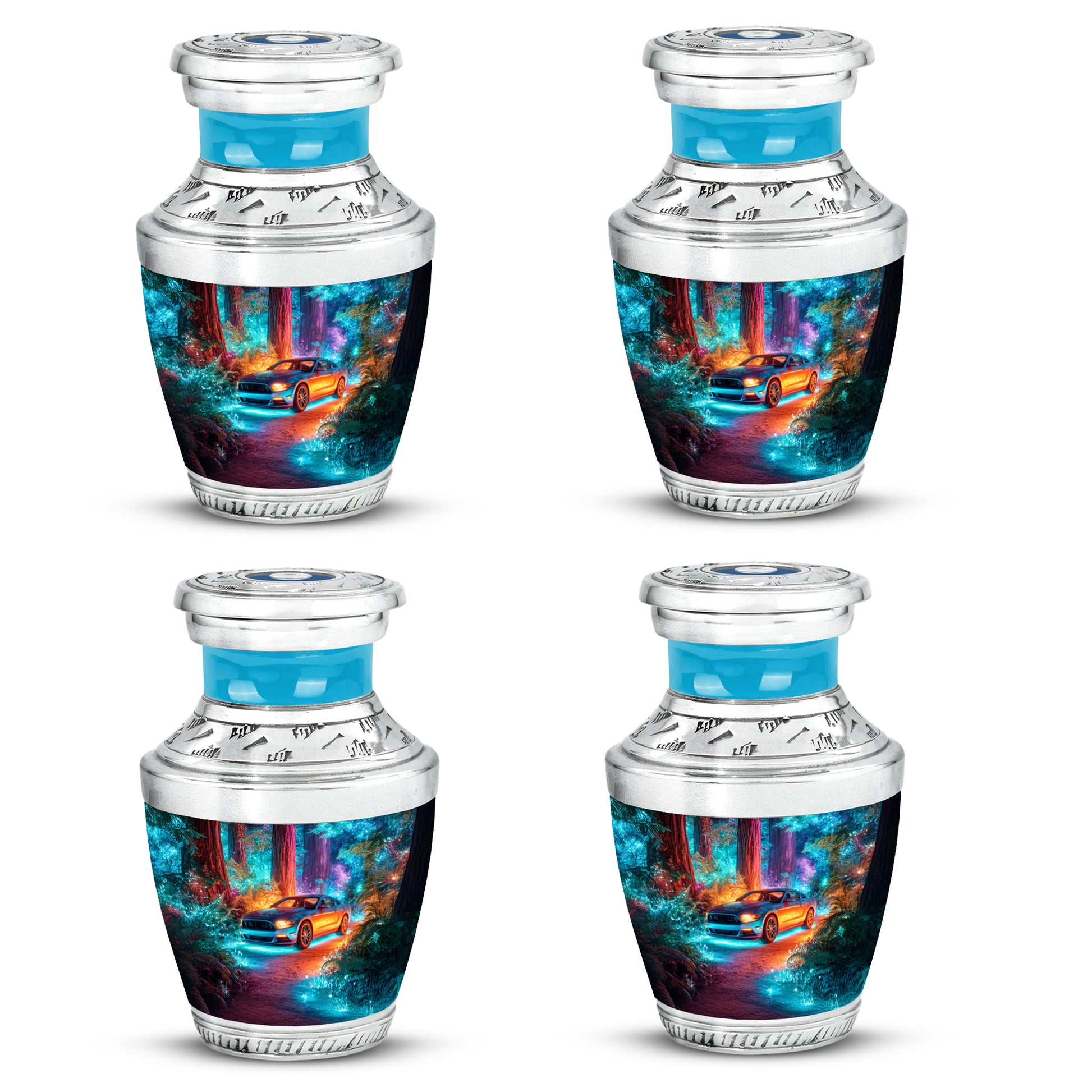 Soft Blue Car Cremation Urn back view with polished surface - artistic car interpretation with creative detail - 10 inch aluminum urn for cremated remains