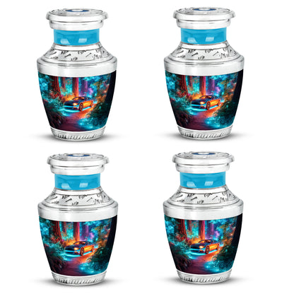 Soft Blue Car Cremation Urn back view with polished surface - artistic car interpretation with creative detail - 10 inch aluminum urn for cremated remains