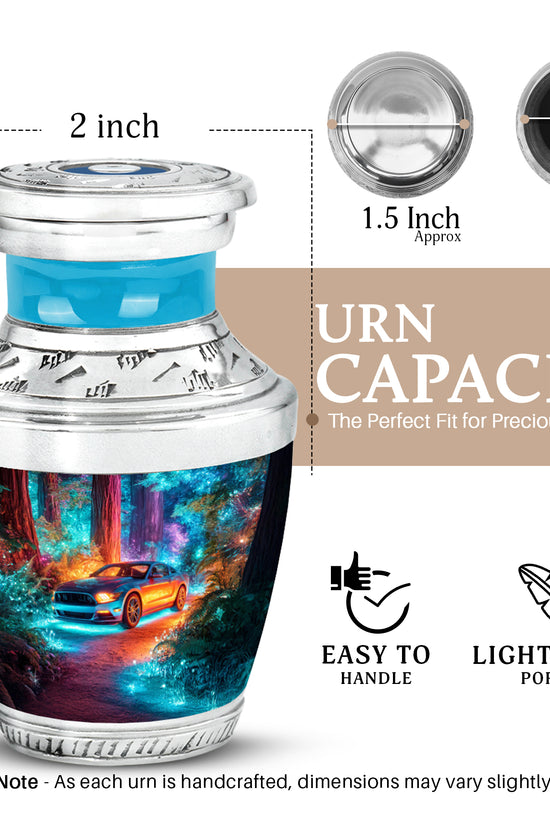 Vivid Blue Car Cremation Urn top-down view of secure threaded lid - stylized abstract car pattern with bold lines - mini keepsake memorial for portion of cremation ashes