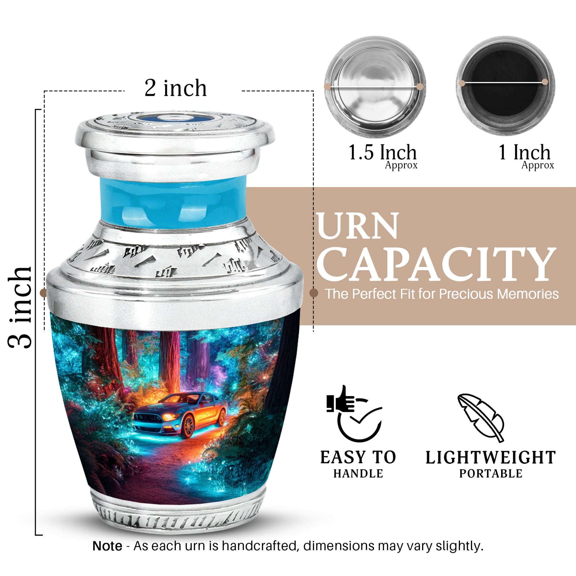 Vivid Blue Car Cremation Urn top-down view of secure threaded lid - stylized abstract car pattern with bold lines - mini keepsake memorial for portion of cremation ashes
