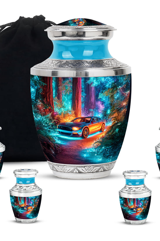 Dusty Blue Car Cremation Urn lifestyle display on memorial shelf - modern art-inspired car motif on sleek aluminum - memorial set with one large and four small urns