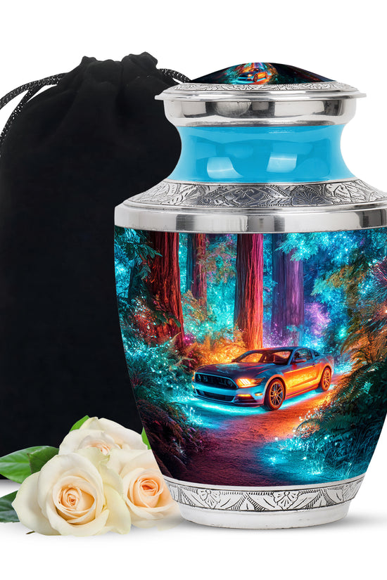 Royal Blue Car Cremation Urn side profile showing urn shape - artistic car interpretation with creative detail - full-size 10 inch 200 cubic inch adult cremation urn