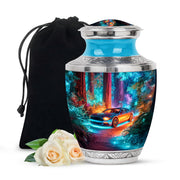 Royal Blue Car Cremation Urn side profile showing urn shape - artistic car interpretation with creative detail - full-size 10 inch 200 cubic inch adult cremation urn