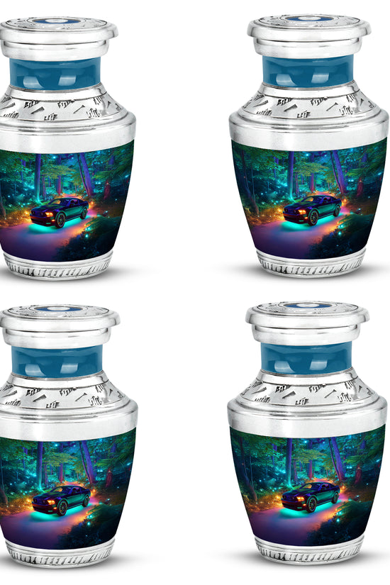 Serene Blue Car Cremation Urn back view with polished surface - artistic car interpretation with creative detail - 10 inch aluminum urn for cremated remains
