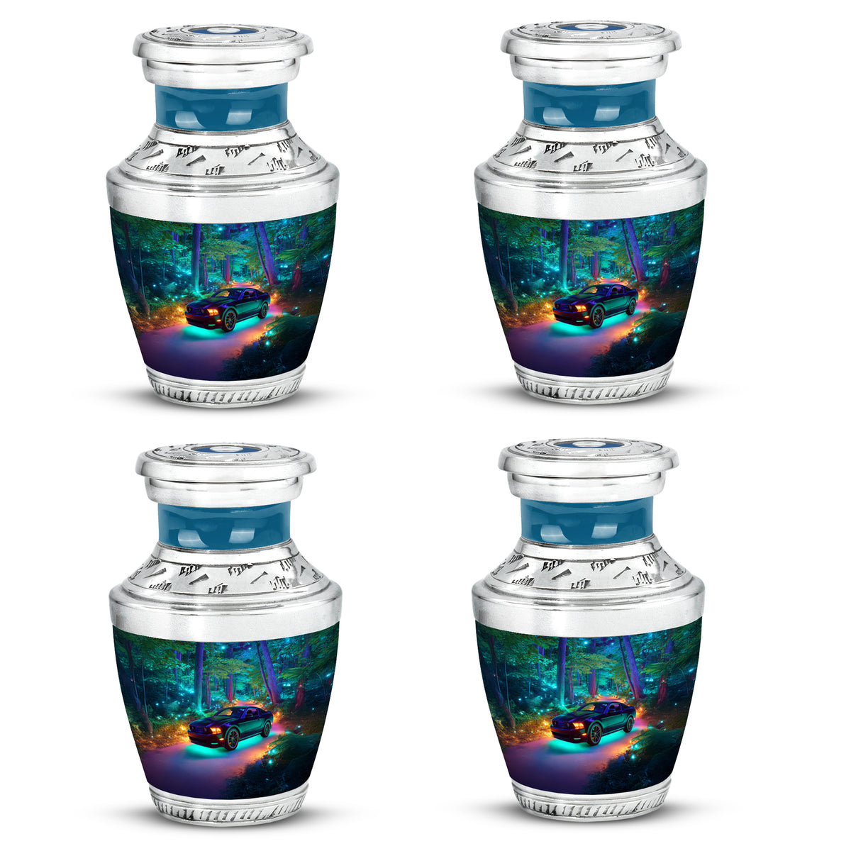 Serene Blue Car Cremation Urn back view with polished surface - artistic car interpretation with creative detail - 10 inch aluminum urn for cremated remains