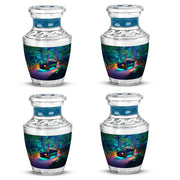 Serene Blue Car Cremation Urn back view with polished surface - artistic car interpretation with creative detail - 10 inch aluminum urn for cremated remains