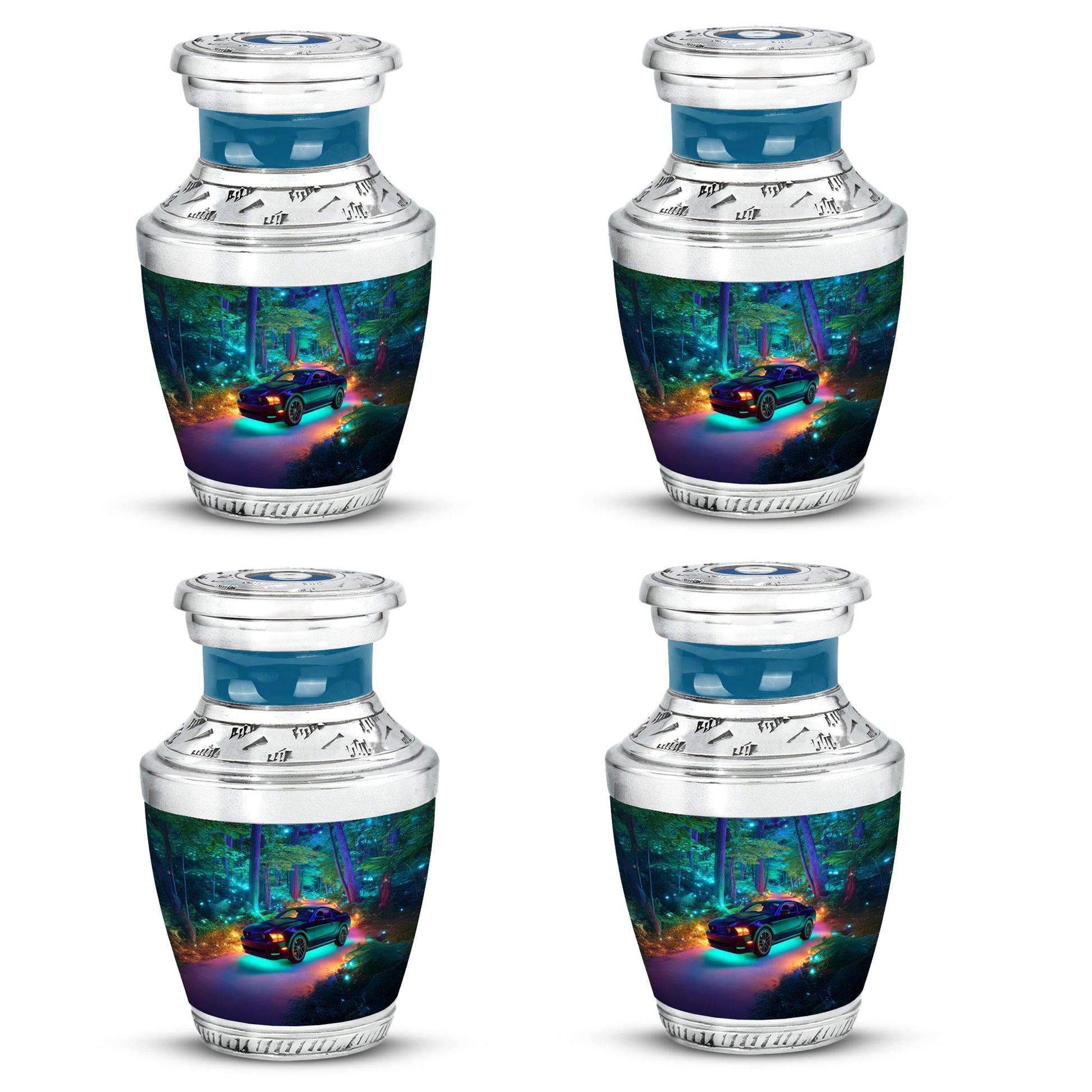 Serene Blue Car Cremation Urn back view with polished surface - artistic car interpretation with creative detail - 10 inch aluminum urn for cremated remains