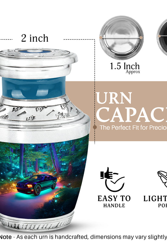 Soft Blue Car Cremation Urn top-down view of secure threaded lid - stylized abstract car pattern with bold lines - mini keepsake memorial for portion of cremation ashes