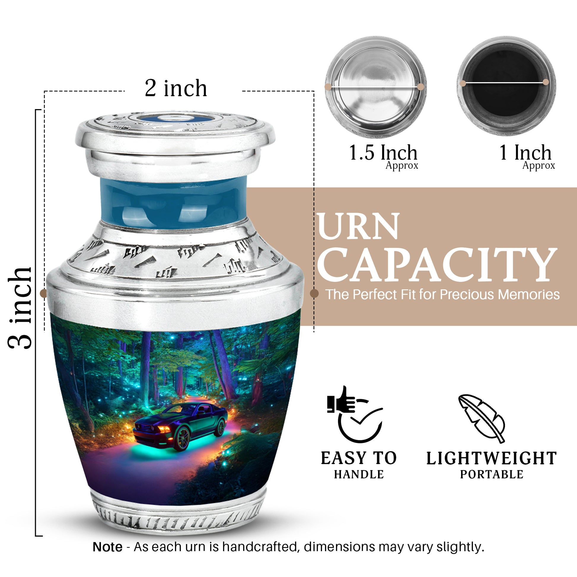 Soft Blue Car Cremation Urn top-down view of secure threaded lid - stylized abstract car pattern with bold lines - mini keepsake memorial for portion of cremation ashes
