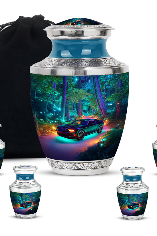 Cobalt Blue Car Cremation Urn lifestyle display on memorial shelf - artistic car interpretation with creative detail - memorial set with one large and four small urns