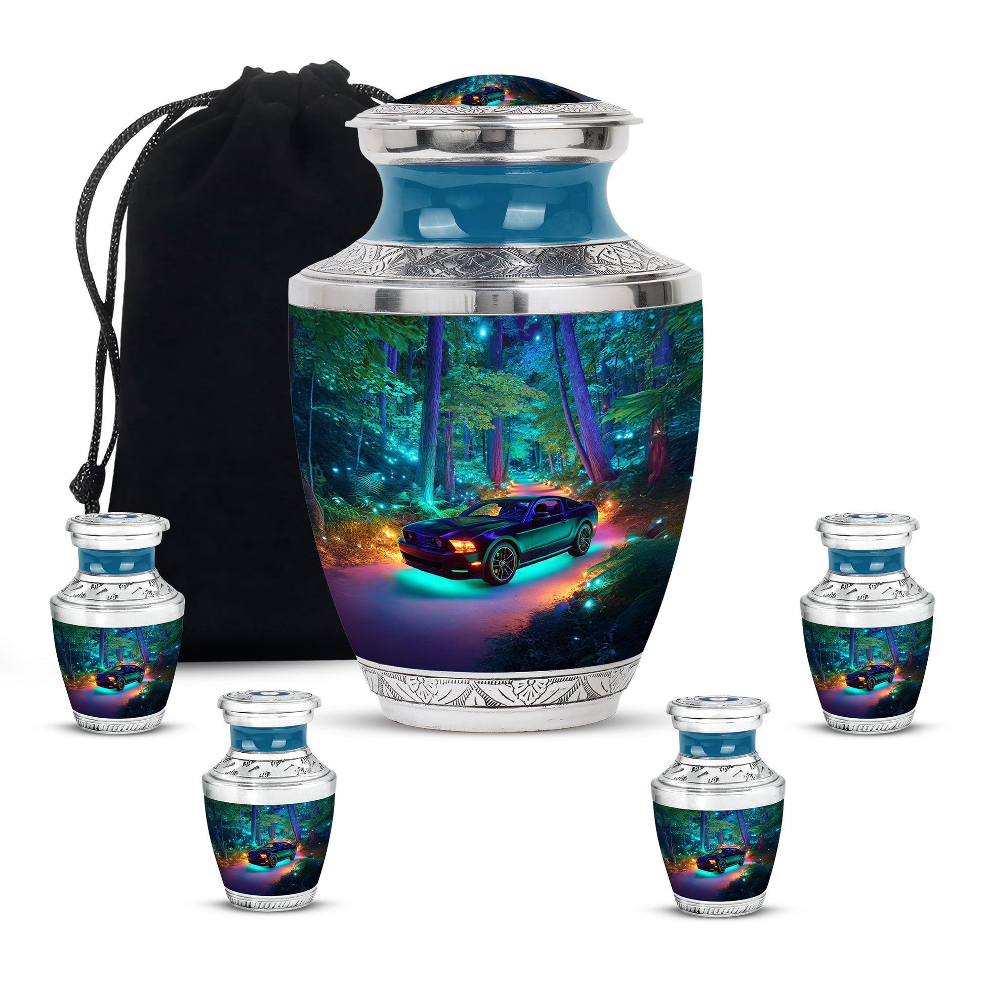 Cobalt Blue Car Cremation Urn lifestyle display on memorial shelf - artistic car interpretation with creative detail - memorial set with one large and four small urns