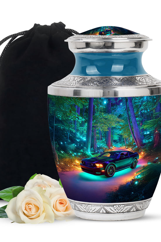 Serene Blue Car Cremation Urn side profile showing urn shape - stylized abstract car pattern with bold lines - full-size 10 inch 200 cubic inch adult cremation urn