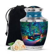 Serene Blue Car Cremation Urn side profile showing urn shape - stylized abstract car pattern with bold lines - full-size 10 inch 200 cubic inch adult cremation urn